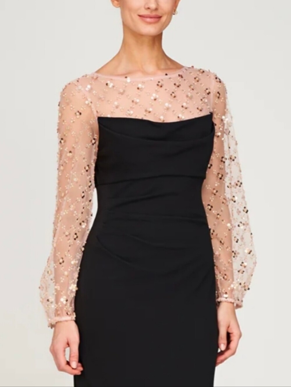 JS Collections Black Gown with Rose Gokd |Nude Beaded Sheer Sleeves